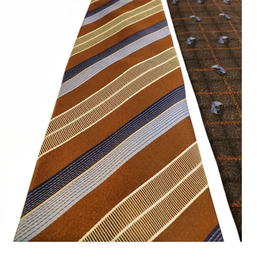 Ermenegildo Zegna 2 Luxury Silk Men's Ties Stripes & Plaid Pattern Blue Brown